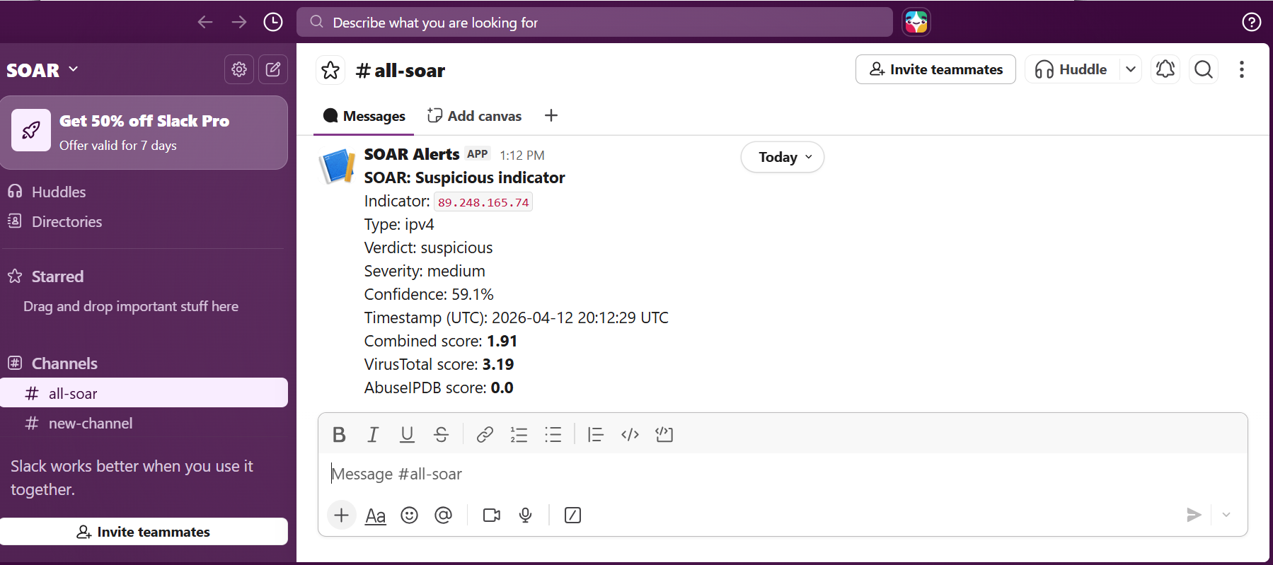 Slack alert from SOAR playbook with VT and Abuse scores